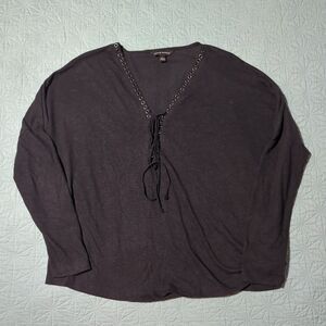 Rock & Republic Lace Up Long Sleeve Shirt  M Black Grommets Hi-Low Hem Oversize